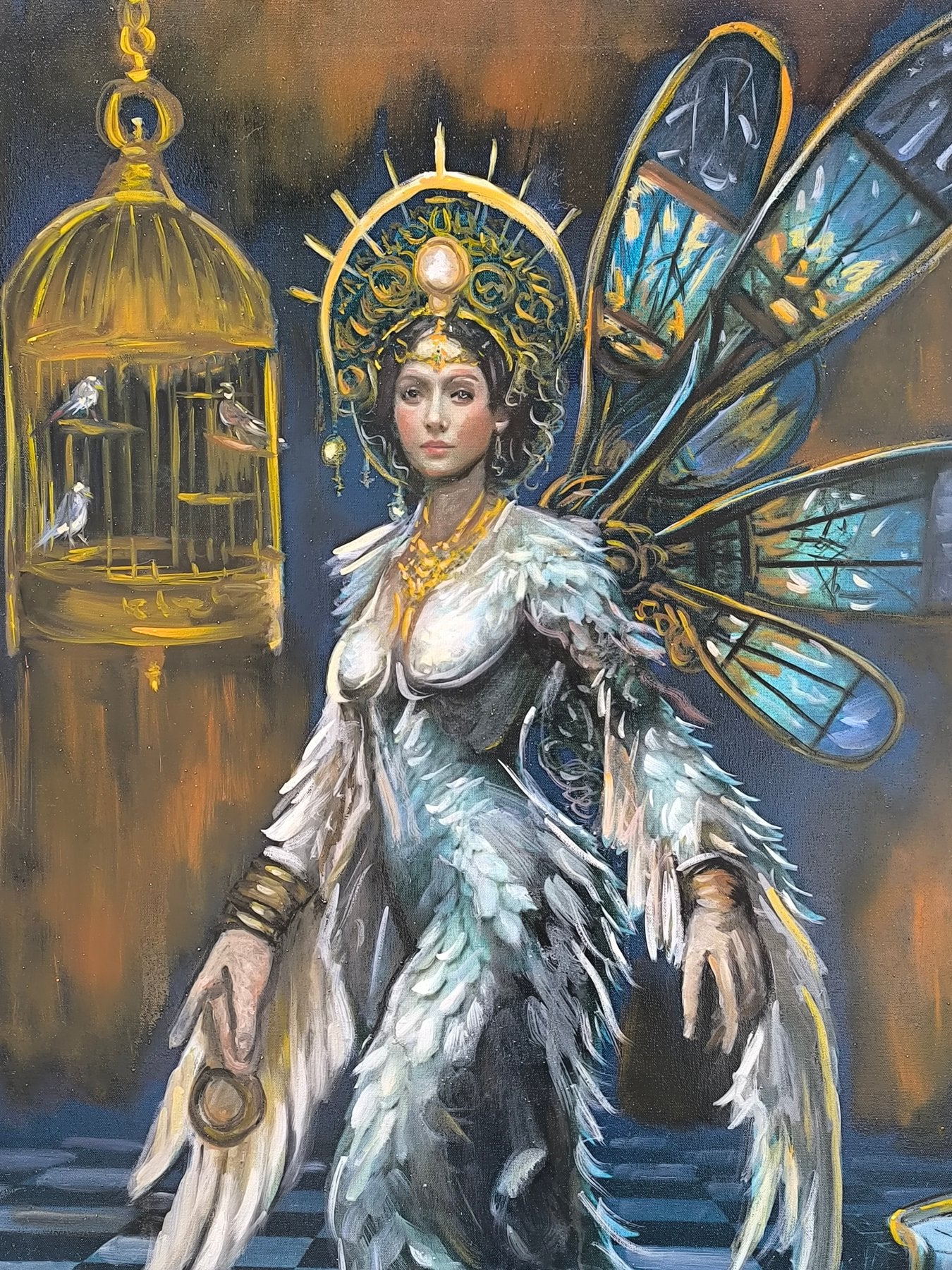 Detail van de vleugels met sterrenhemel in het symbolische werk van Ninni Pagano.