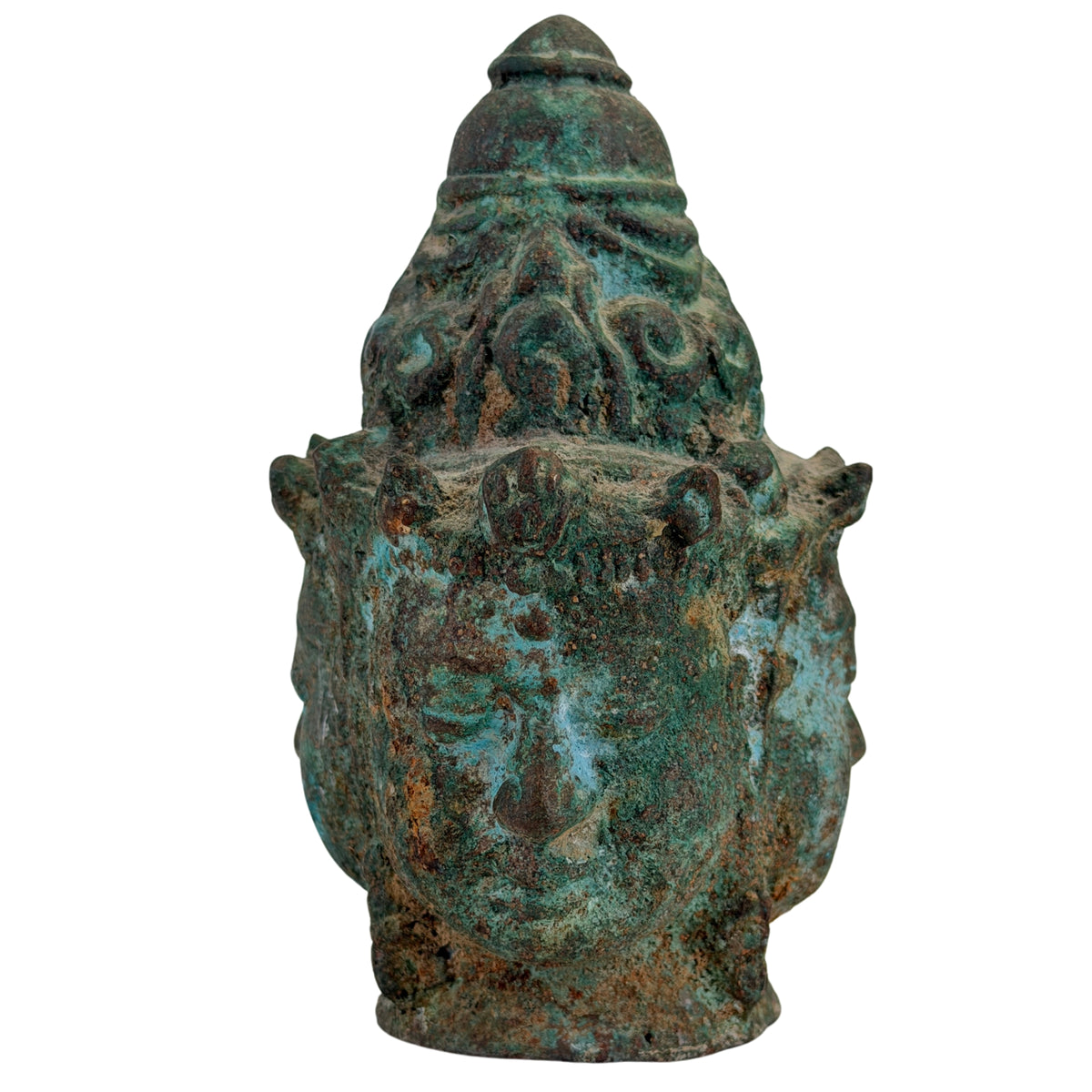 Driehoofdige Khmer-stijl Trimurti uit Cambodja in bronskleurig metaal