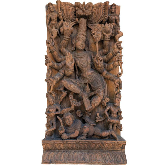 Durga Mahishasura houten paneel Zuid India tempelreliëf