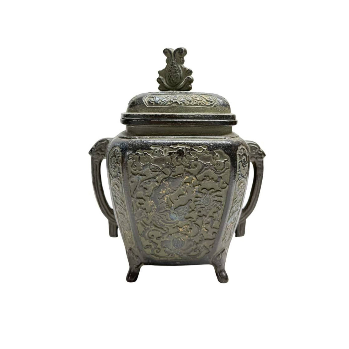 Antieke Japanse bronzen Koro wierookbrander met drakenreliëf – opname 3
