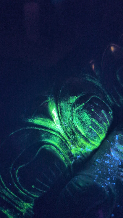 Fluorescentie onderzoek antiek topstuk forensische data boeddha verzamelmarkt.