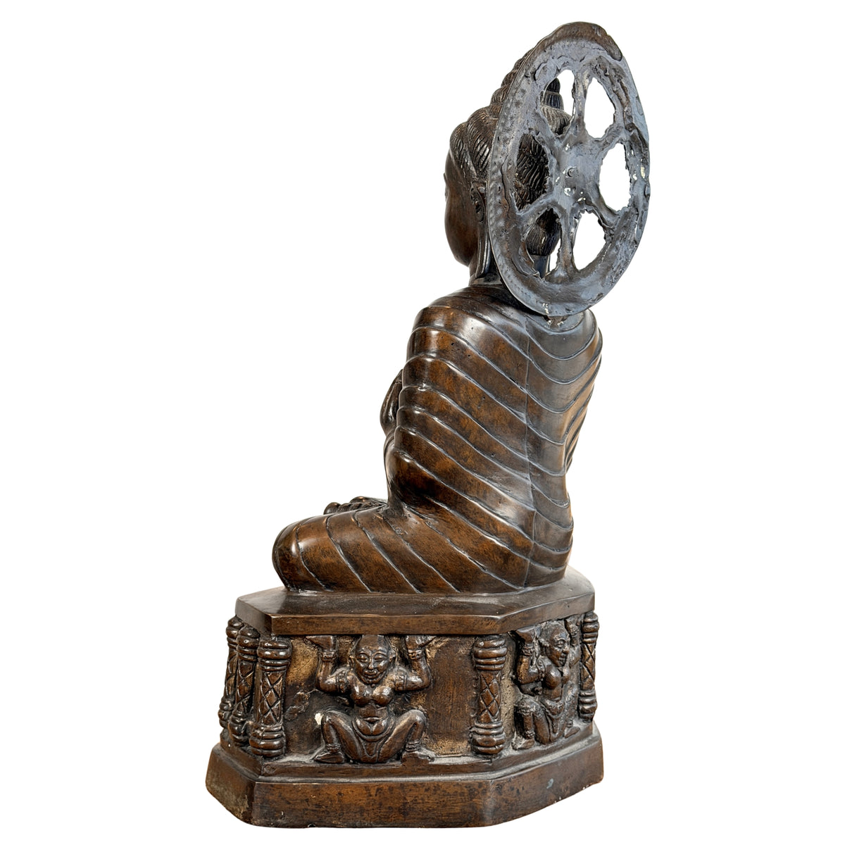Bronzen Boeddha met stralenkrans, schuin achteraanzicht van de andere zijde