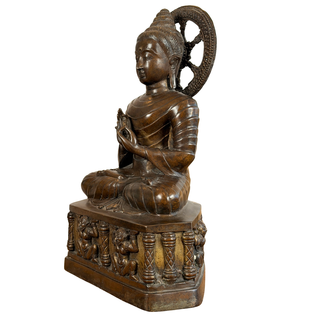 Zittende bronzen Boeddha in Gandhara-stijl, driekwart vooraanzicht van de andere zijde