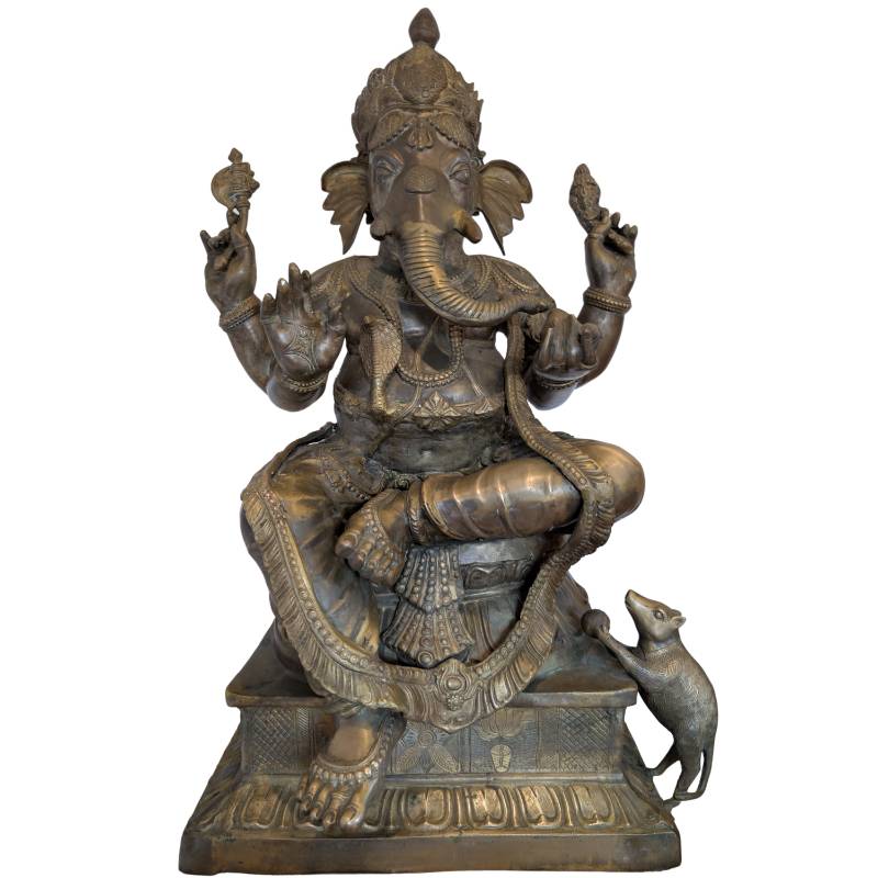 Ganesha in Lalitasana – vuurverguld bronzen tempelbeeld  (Nepal/India, traditioneel werk)