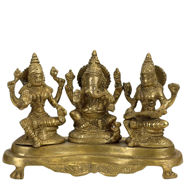 Zwaar Indiaas Messing Altaarbeeld van Ganesha Lakshmi en Saraswati – 3 kg (antiek)