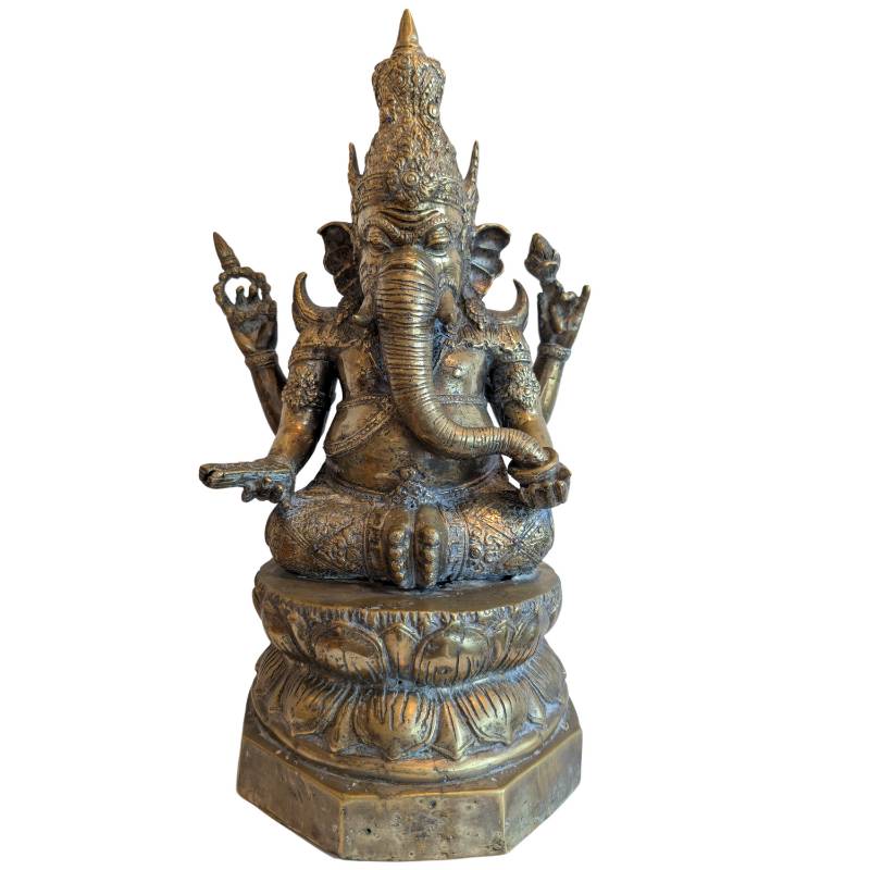 Ganesha met gekroonde Boeddha in oud verguld brons