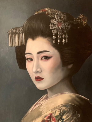 Origineel Geisha Schilderij – Olieverf op Canvas – 70x50 cm – Handgeschilderd door Spaanse Meester