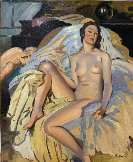 Volledig aanzicht van het originele olieverfschilderij Nu féminin classique door Gérard Parker.