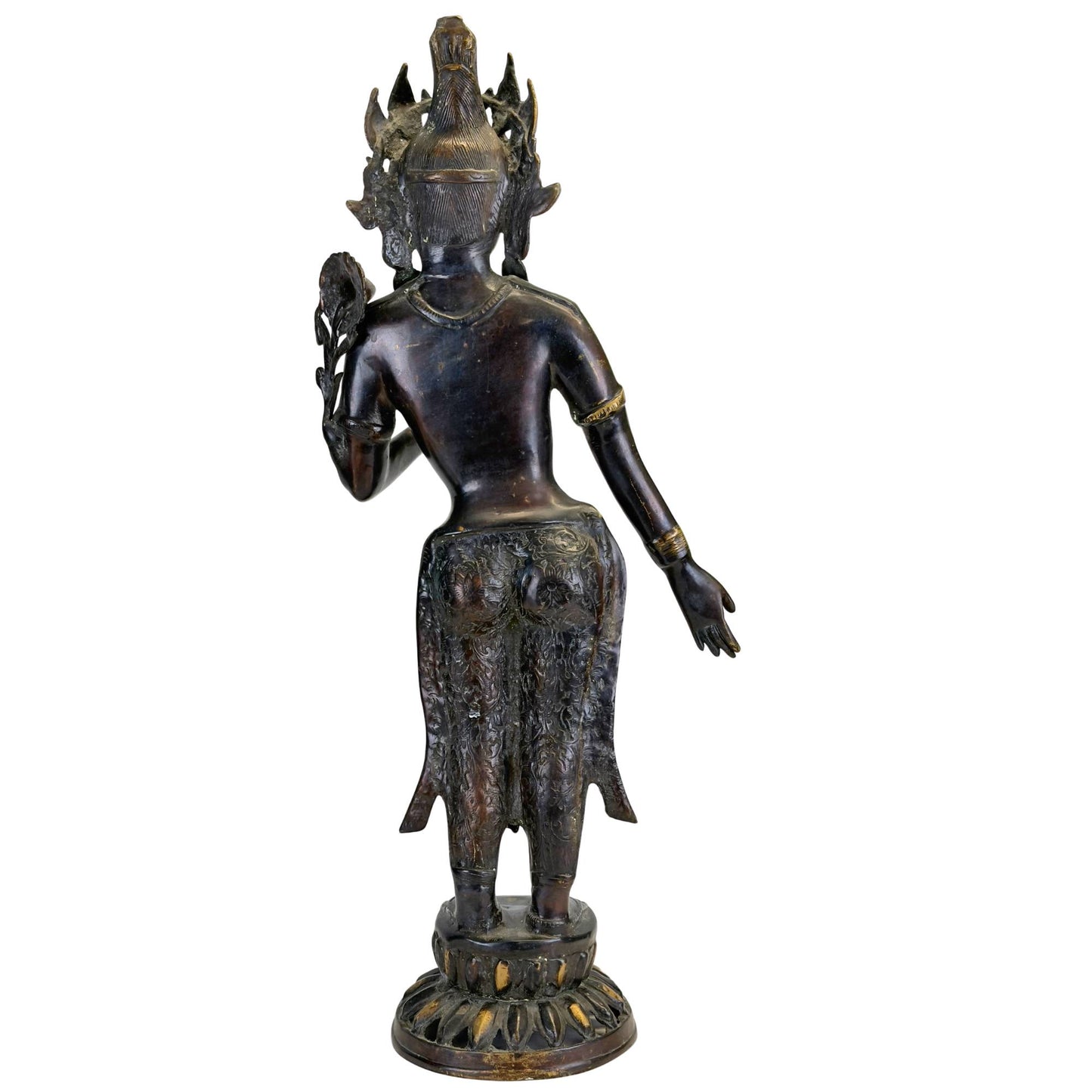 Linkerprofiel van een antieke bronzen Groene Tara uit Nepal met lotusstengel, tribhanga-houding en zwarte rituele patina.