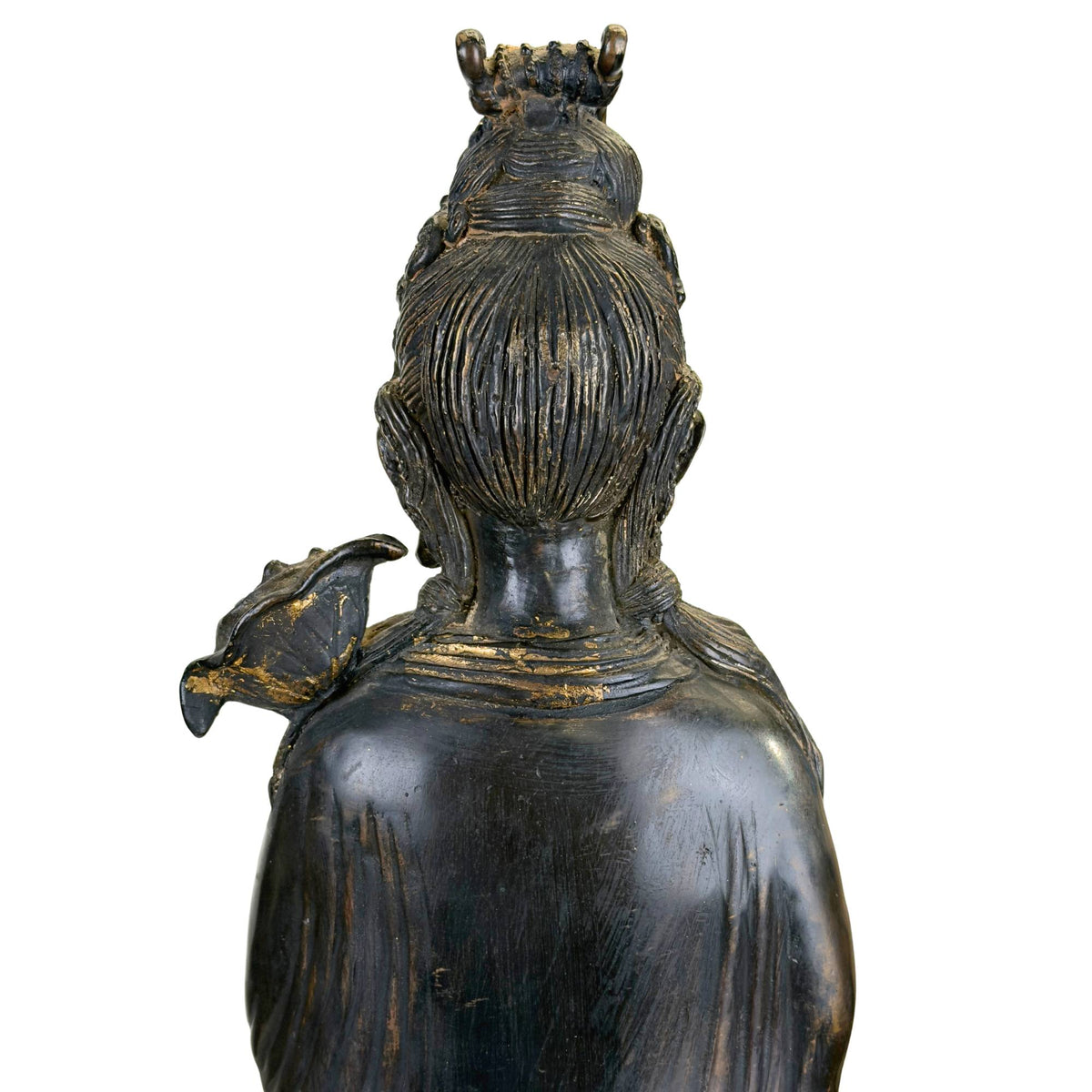 Groot bronzen Guanyin beeld met draakvis en watermotieven, 64 cm hoog en 16 kg zwaar