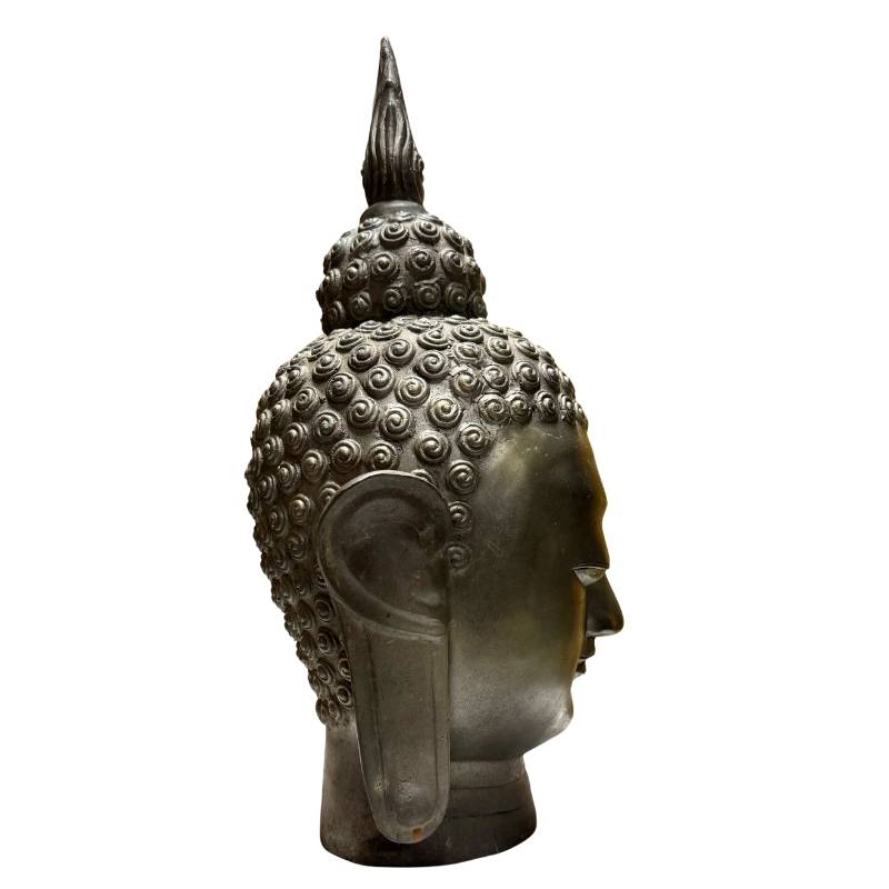 Groot Chinees bronzen Boeddhahoofd dat oorspronkelijk als tempelobject werd vervaardigd in de 20e eeuw