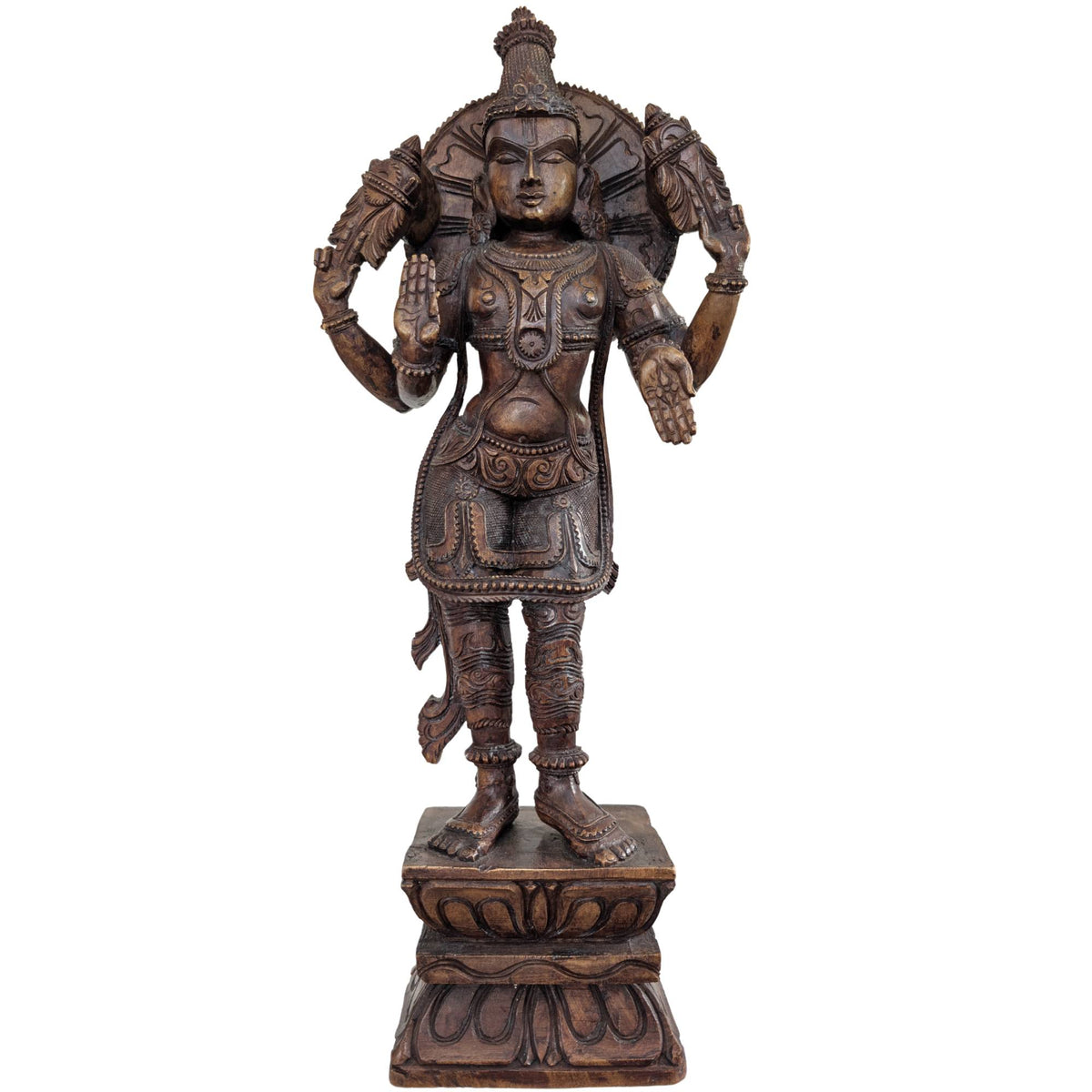 Groot handgesneden houten beeld van Lord Vishnu uit Zuid-India.