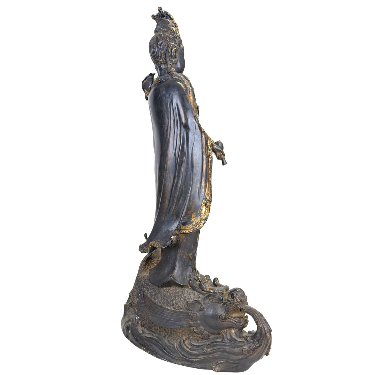 Grote Oost-Aziatische Guanyin op draakvis, bronzen beeld uit de eerste helft van de 20e eeuw