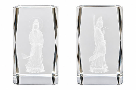 Guanyin in 3D lasergegraveerd optisch kristalglas, gecombineerd voor- en zijaanzicht