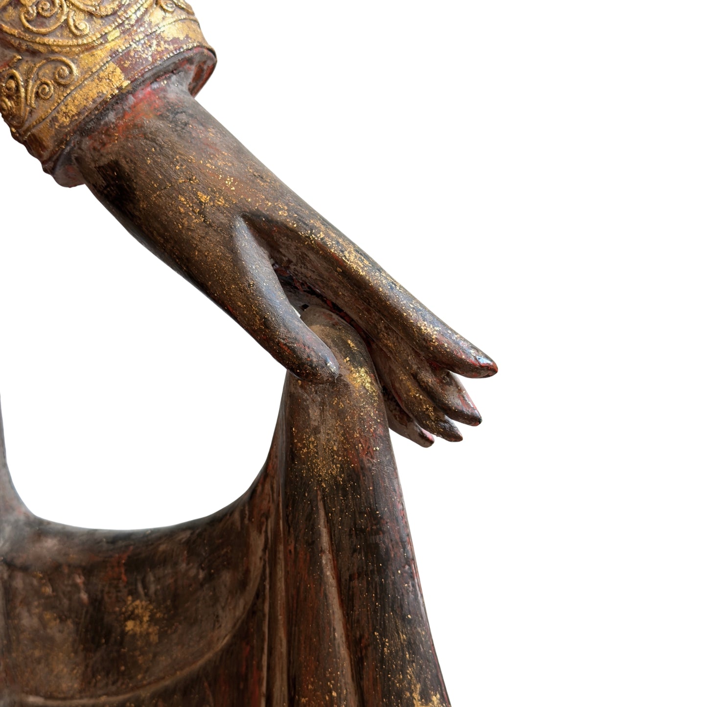 Detail van de hand van een antieke Birmese Boeddha uit Myanmar
