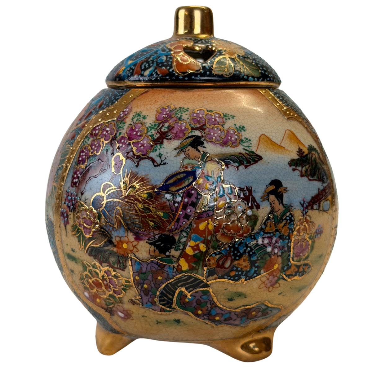 Bolvormige Chinese koro met handbeschilderde vrouwen, landschap, bloesem en vergulde details