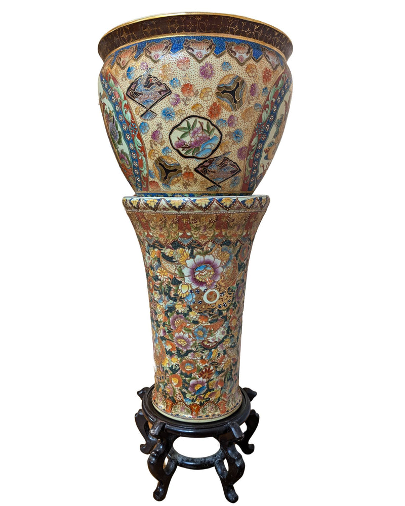 Antieke Japanse Satsuma Jardinière op Zuil – Meiji Taisho Periode – ca. 1890–1920