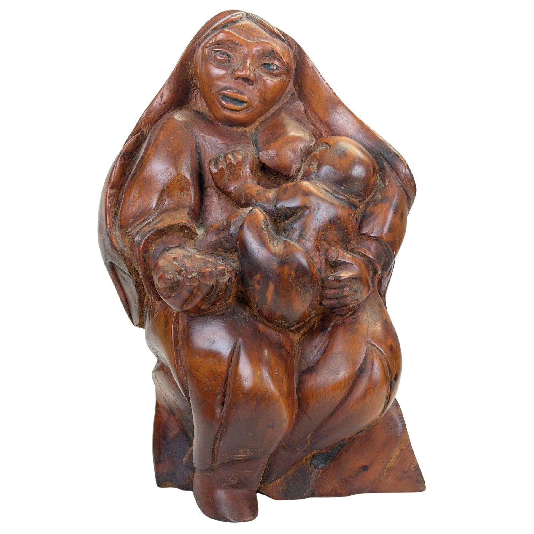 Handgesneden Madonna met Kind sculptuur in zwaar tropisch hardhout
