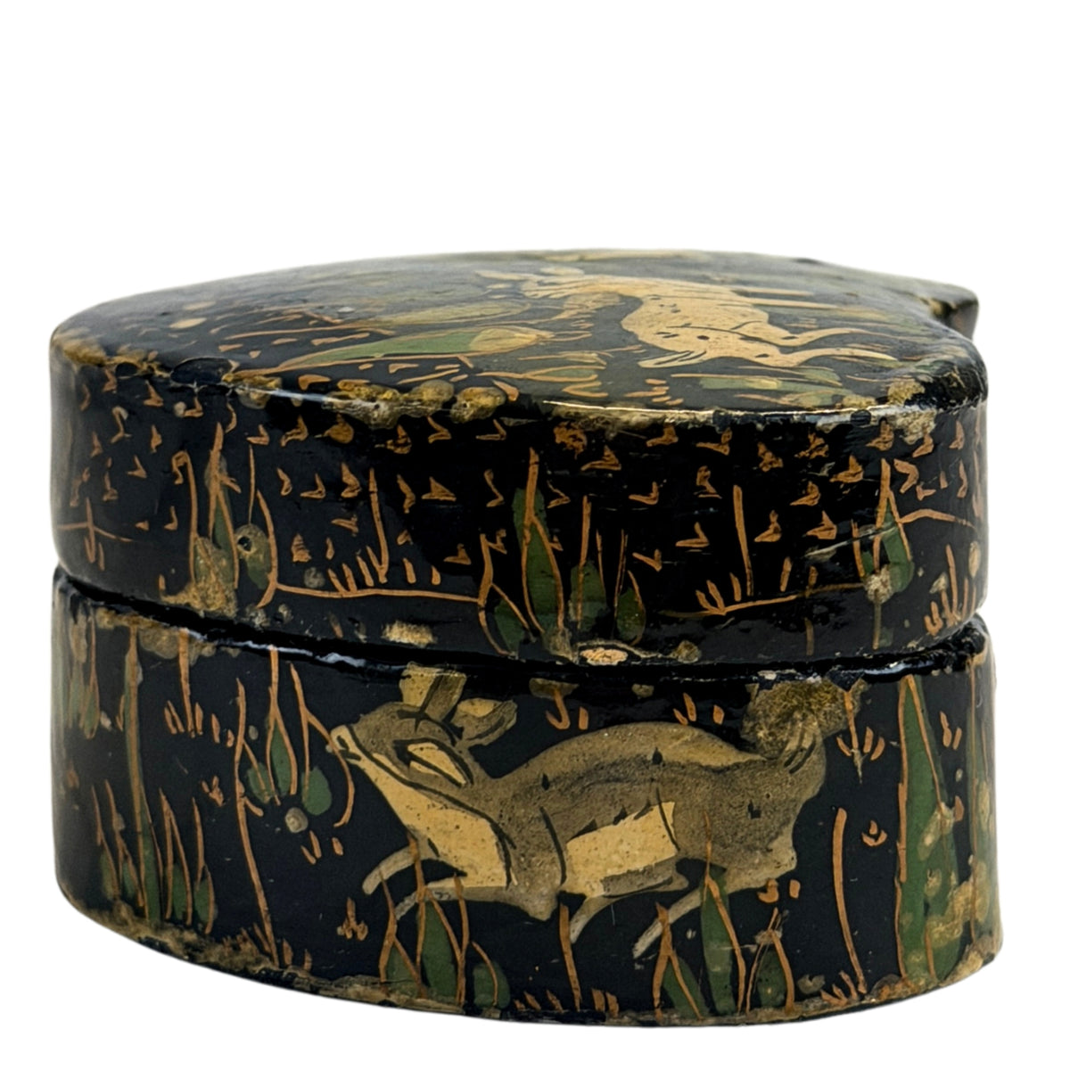 Hartvormig Indiaas papier-mâché sierdoosje uit Kashmir ca. 1920