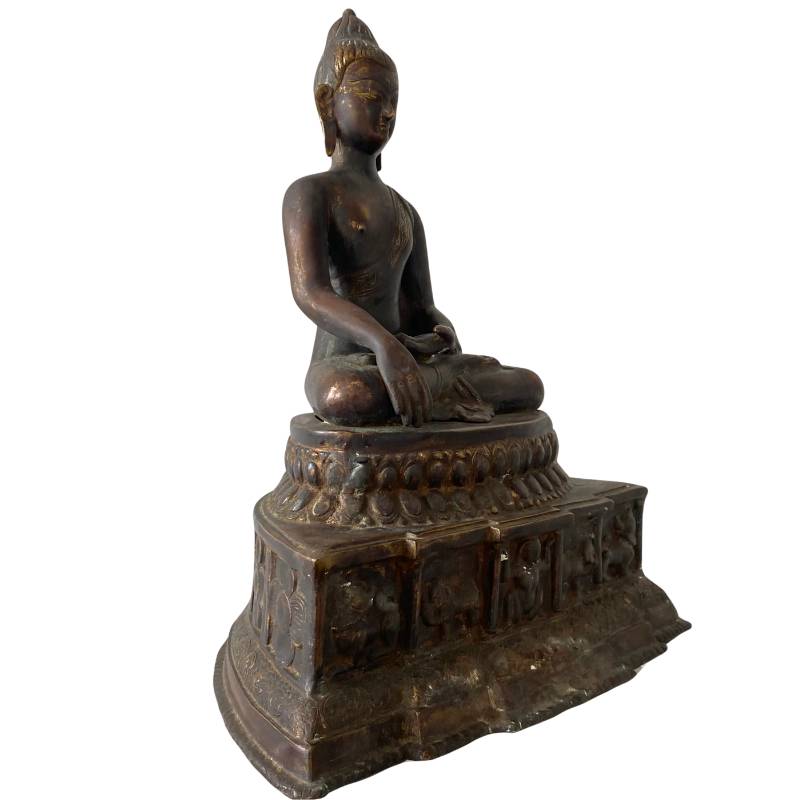 Himalaya bronzen Boeddha met troon en oude patina, dhyana mudra