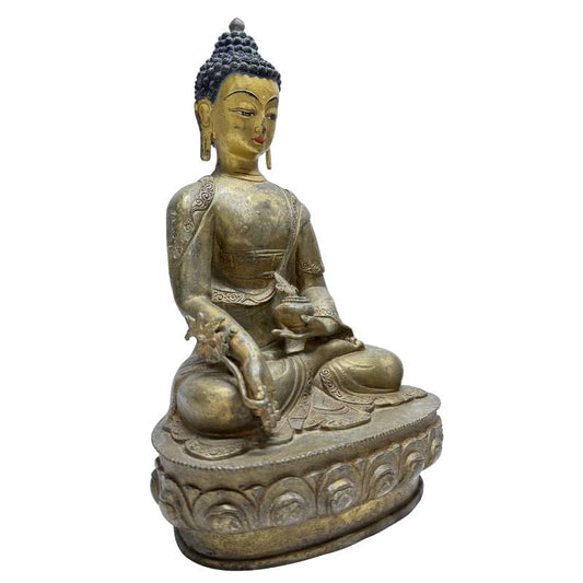 Bronzen Geneesheer Boeddha op dubbele lotusbasis met natuurlijke patina