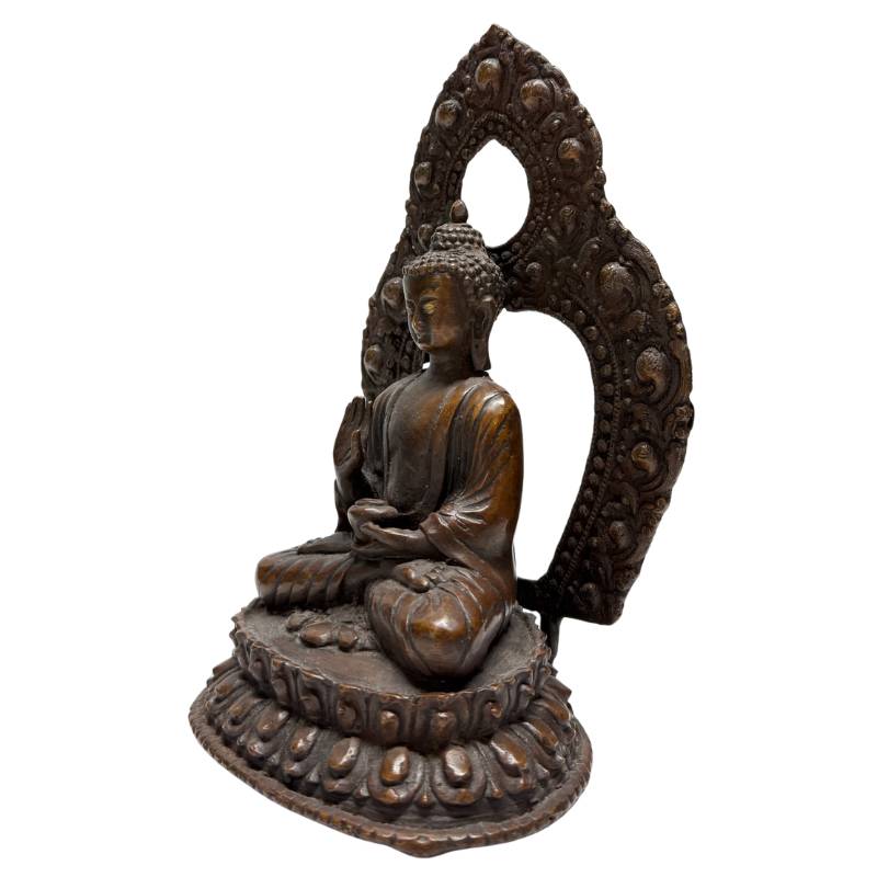 Himalaya bronzen Boeddha set op lotusbasis met dhyana mudra en oude patina