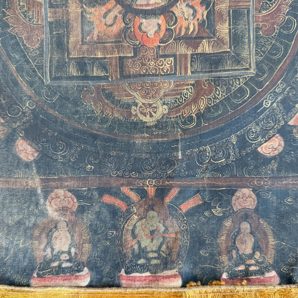 Onderkant van de mandala en onderste rij zittende figuren, met afgesleten pigment en kreukels, detail