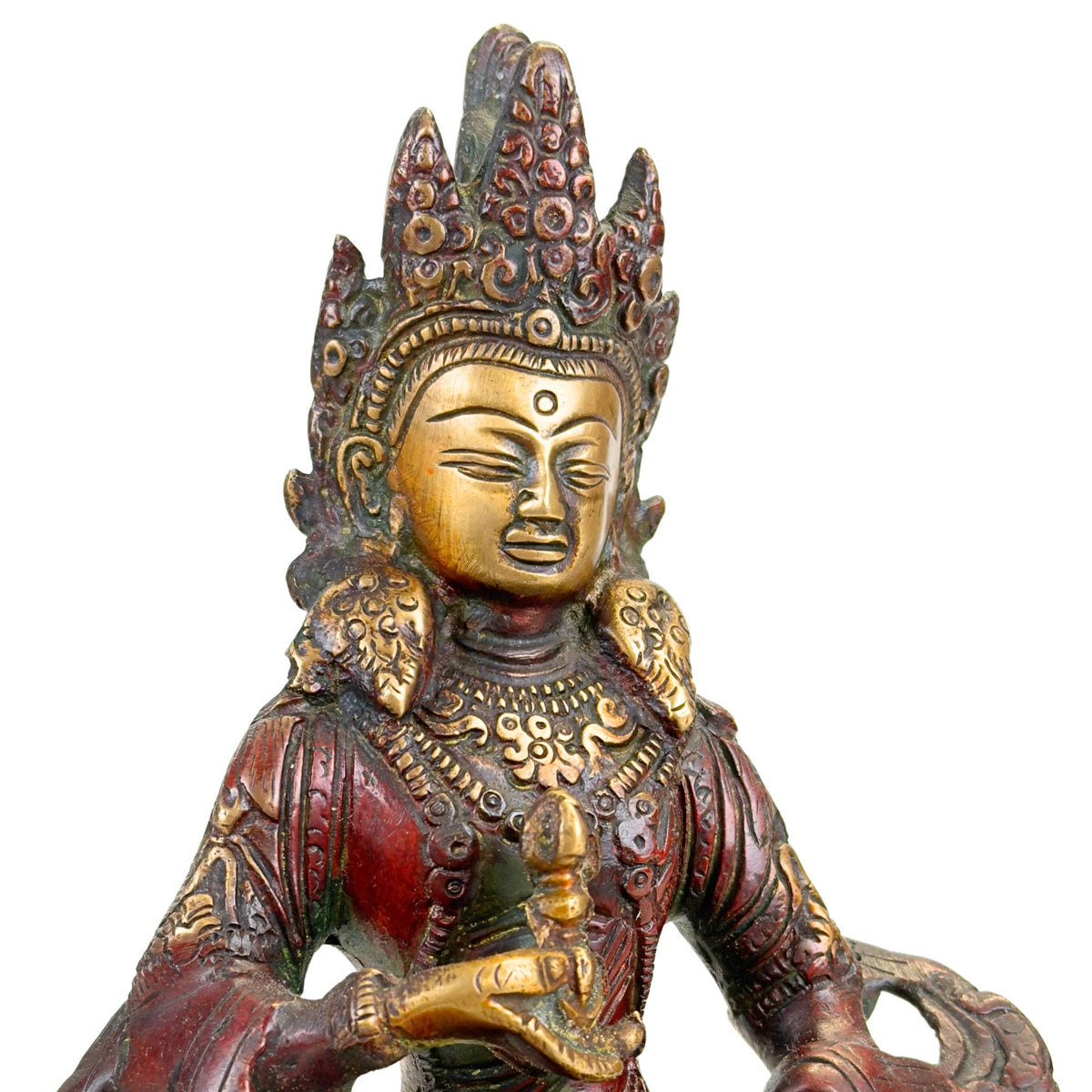 Himalaya Vajrasattva beeld met brede lotusbasis, rode patina, vergulde details en ritueel attribuut
