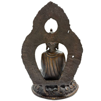Himalaya meditatie Boeddha set in brons met dhyana mudra en rituele uitstraling