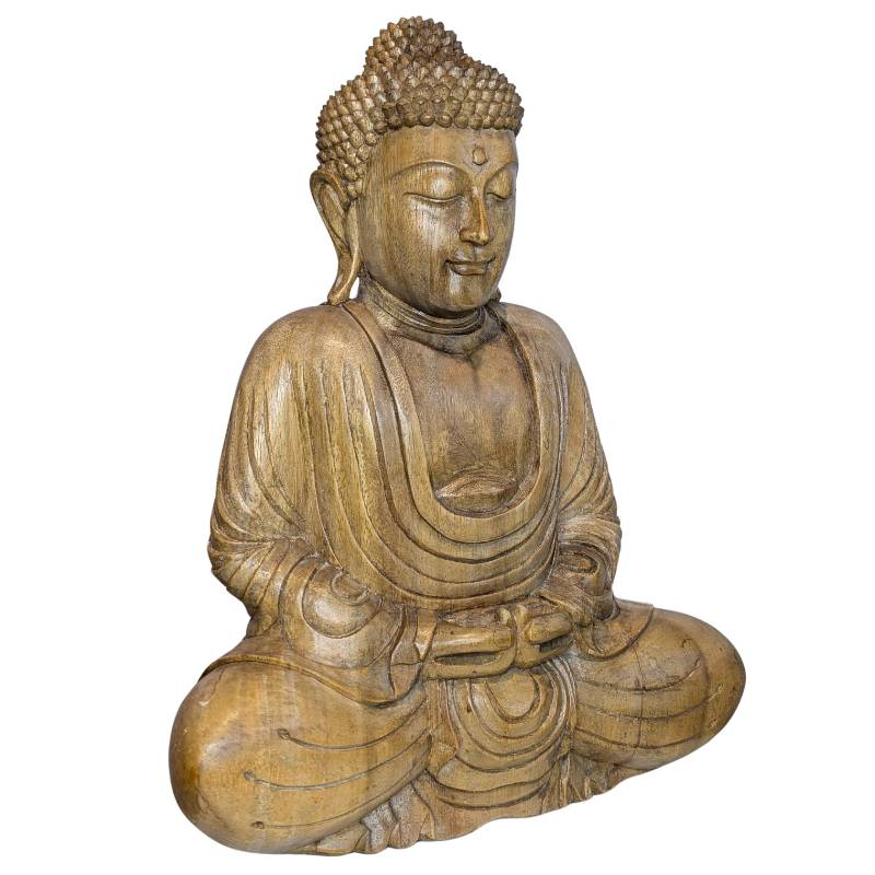 Zittend houten Boeddhabeeld uit Zuidoost-Azië midden 20e eeuw in dhyana mudra