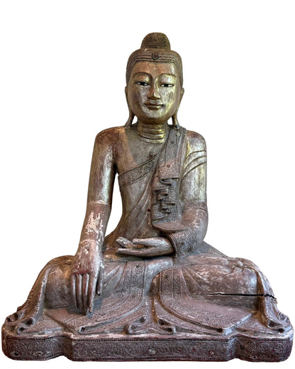 houten Boeddha Myanmar Mandalay stijl 120 cm antiek tempelbeeld