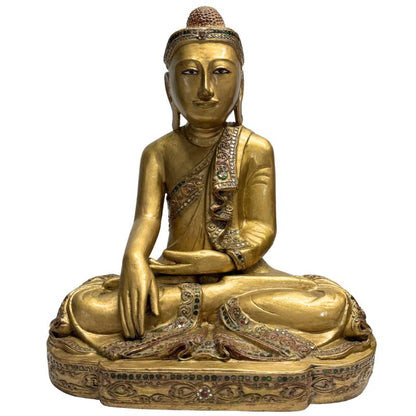 houten boeddhabeeld uit myanmar met vergulding en glasinleg
