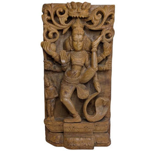 Muurdecoratie Antiek houten tempelreliëf van Shiva Nataraja – Zuid-India, 19e eeuw