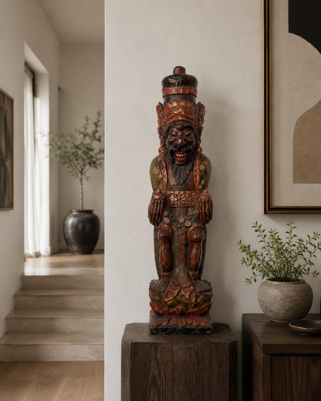 Vintage Balinees Houtsnijwerk – Rishi met Kamandalu – Polychroom – 52 cm