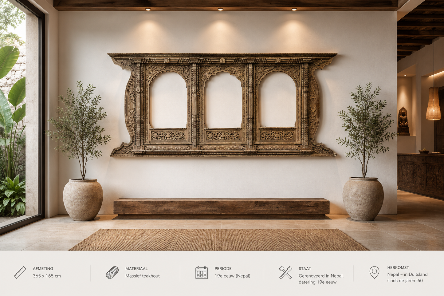 Exclusieve Wanddecoratie - Groot Teakhout Houtsnijwerk (365cm) - Zen Hotel Decoratie - Nepal 19e Eeuw