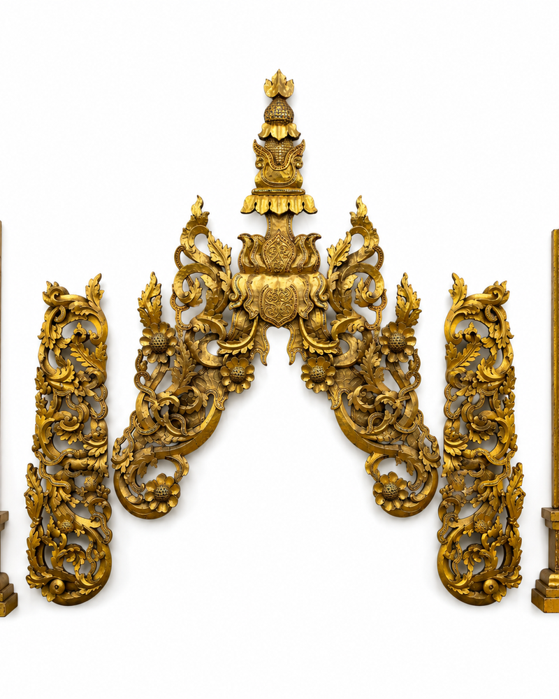 Monumentaal Birmaans Tempelfronton Ensemble (5-delig, ca. 200 cm hoog) – Mandalay-stijl (ca. 1900)