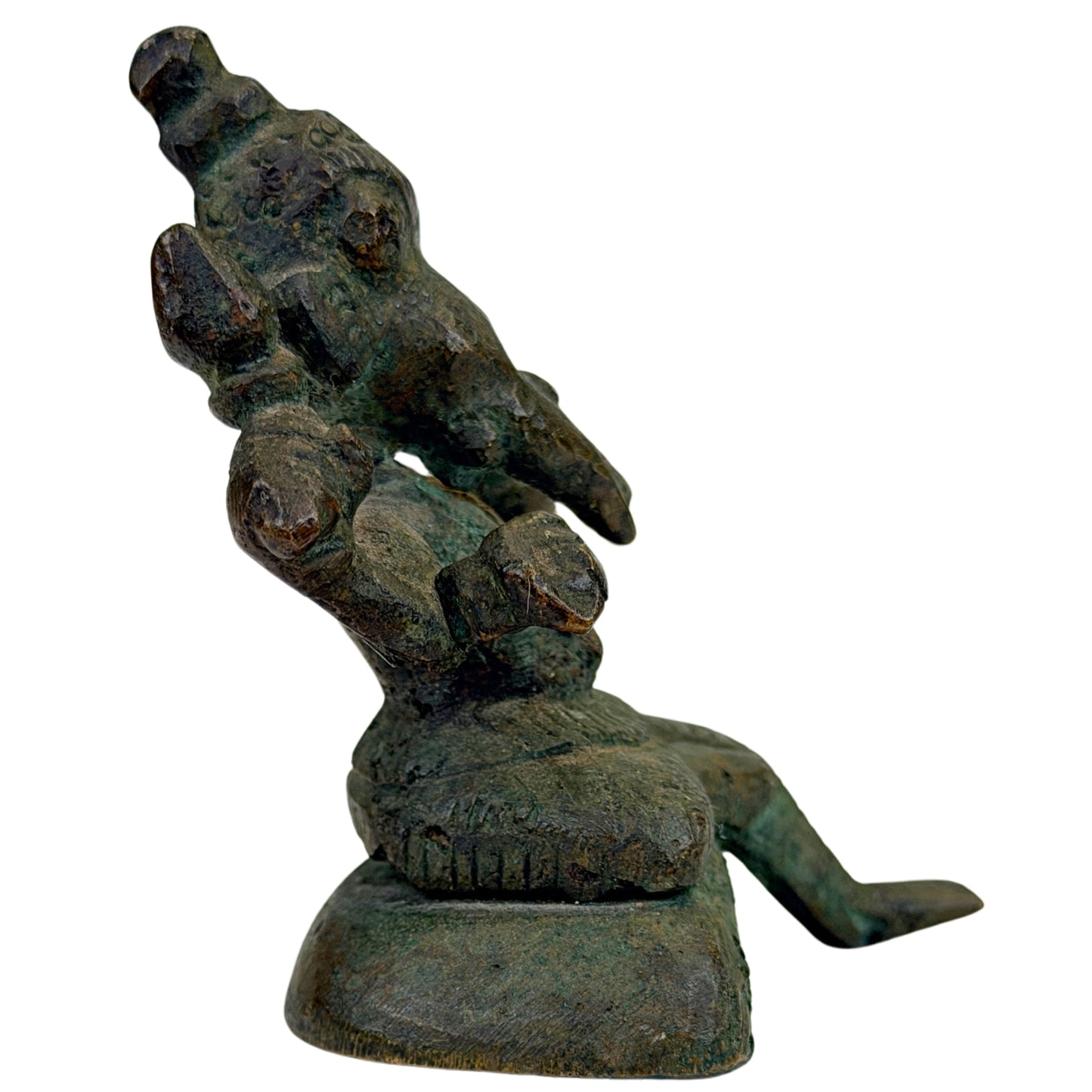 Kleine Indiase Ganesha in brons met afhangend been en afgesleten attributen