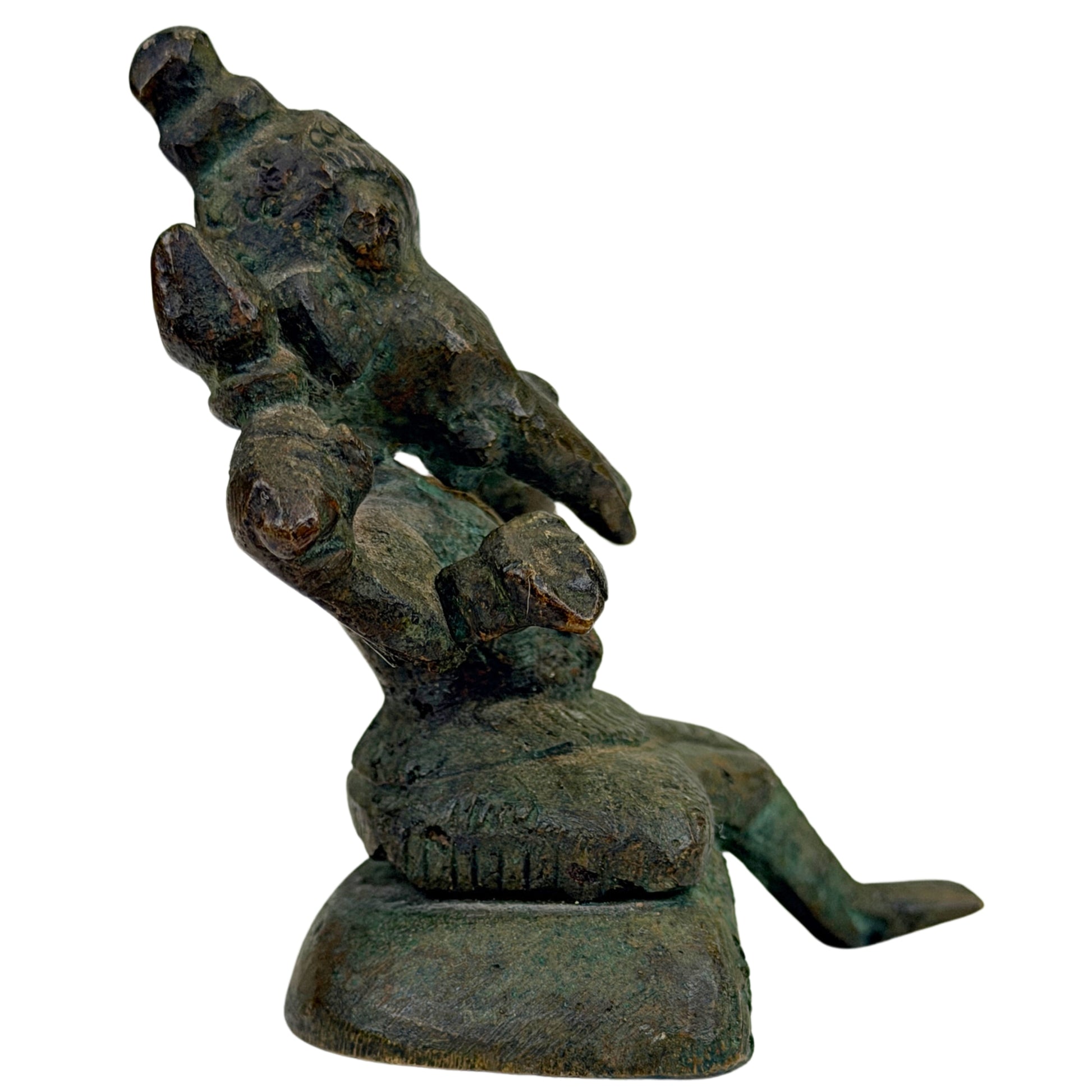 Kleine Indiase Ganesha in brons met afhangend been en afgesleten attributen