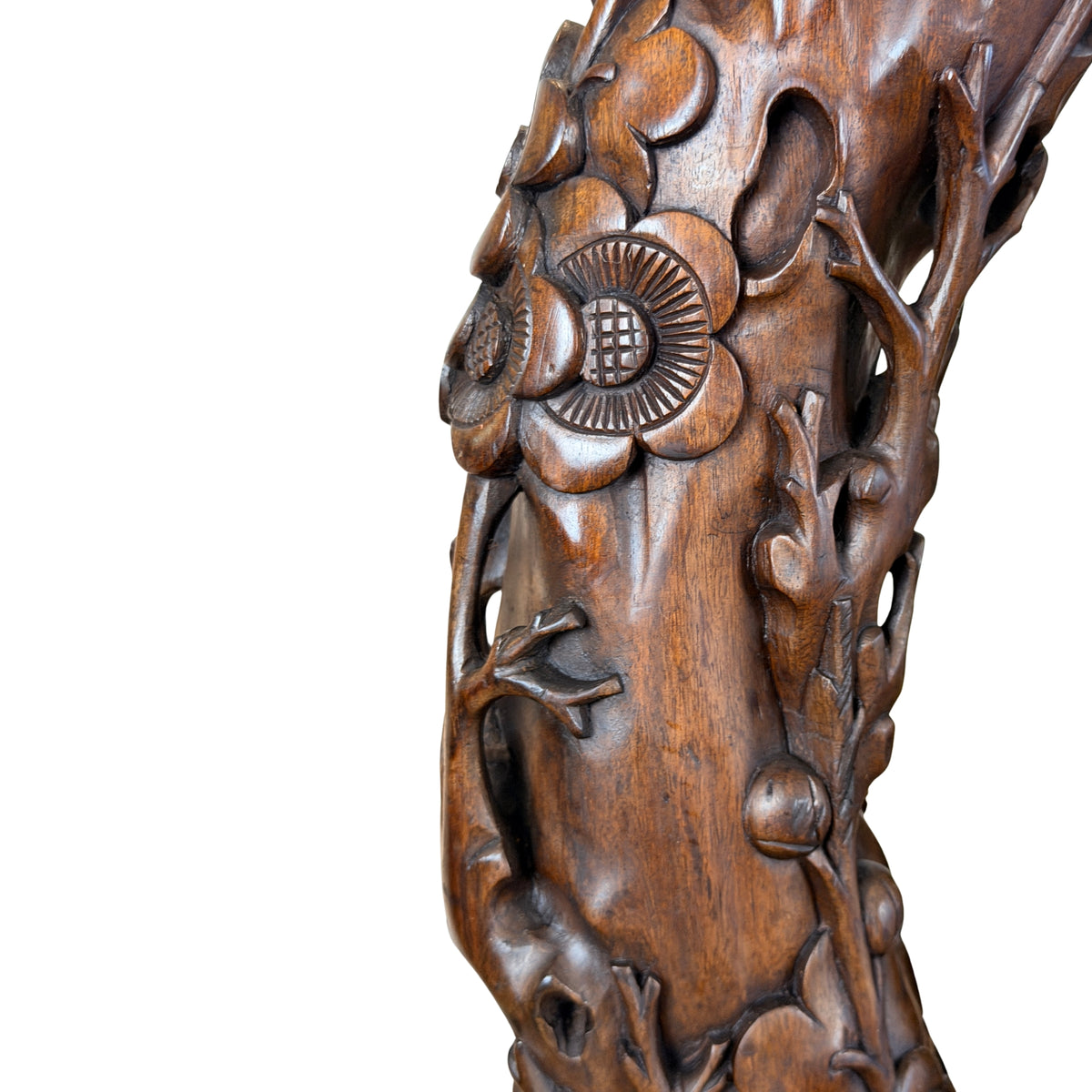 Knoestige tak met vijfbladige bloesem langs de rand van het frame, detail
