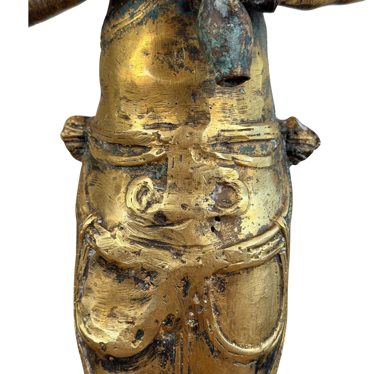 Lange sampot met gordel en plooien, vooraanzicht, detail