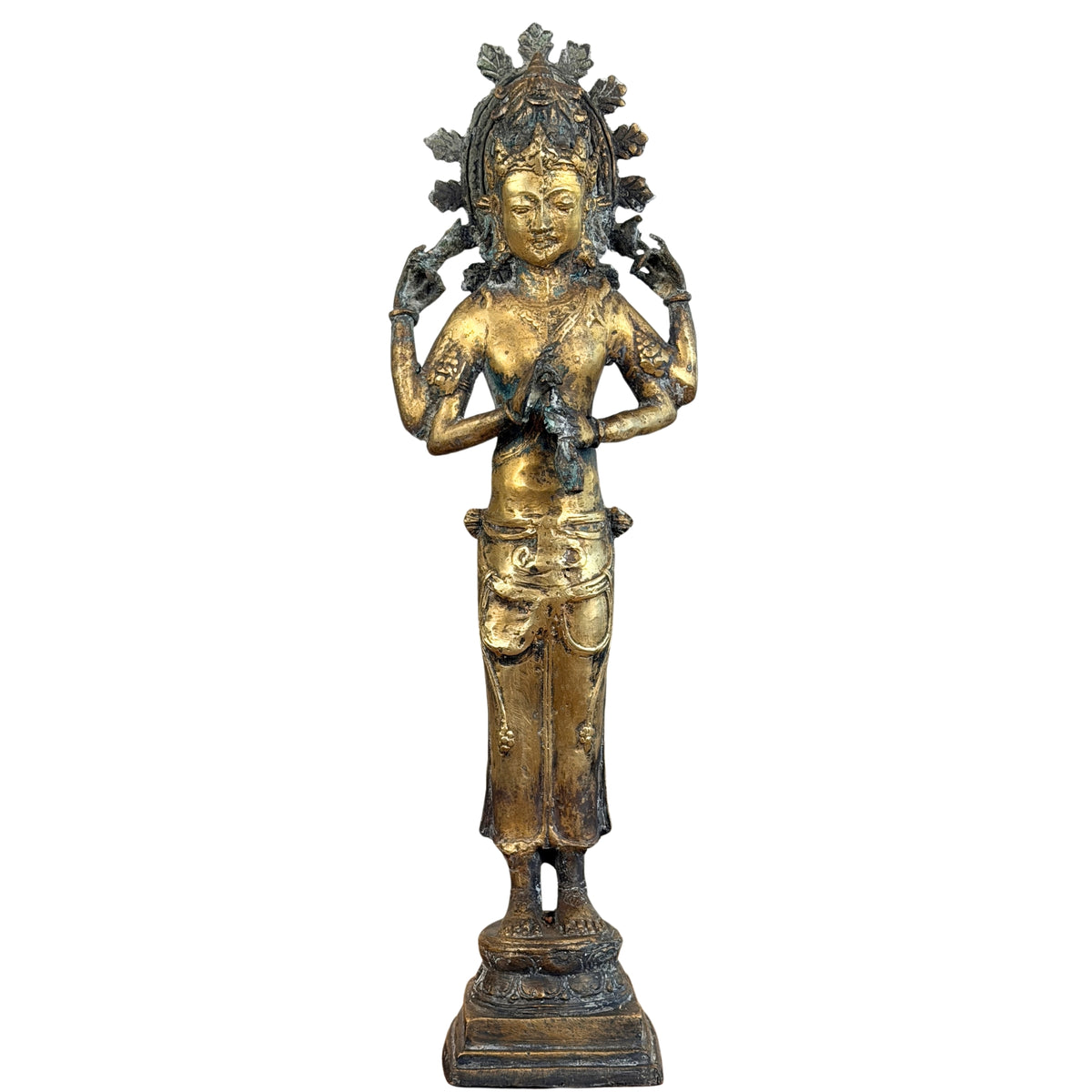 Indonesische vuurvergulde bronzen Avalokiteshvara, staand en vierarmig, vooraanzicht