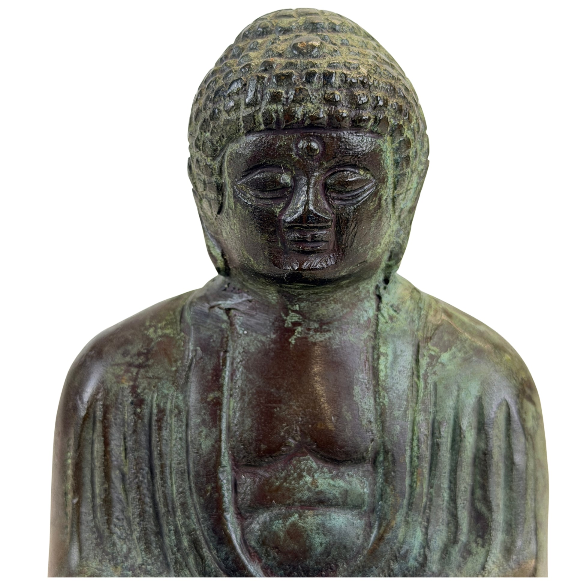 Detail van het gelaat, de urna en het regelmatig opgebouwde haar van de Japanse Boeddha