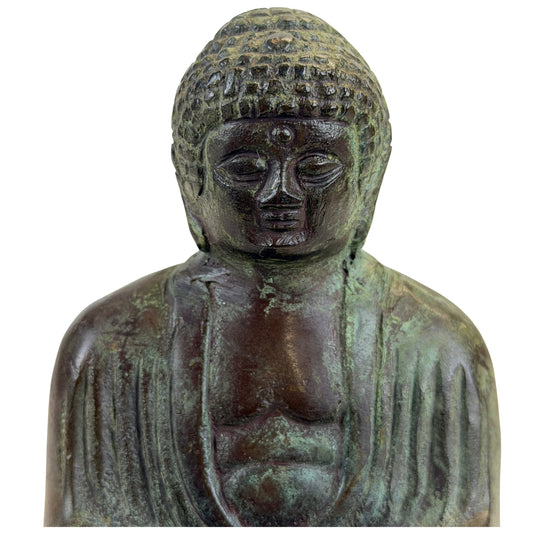 Detail van het gelaat, de urna en het regelmatig opgebouwde haar van de Japanse Boeddha