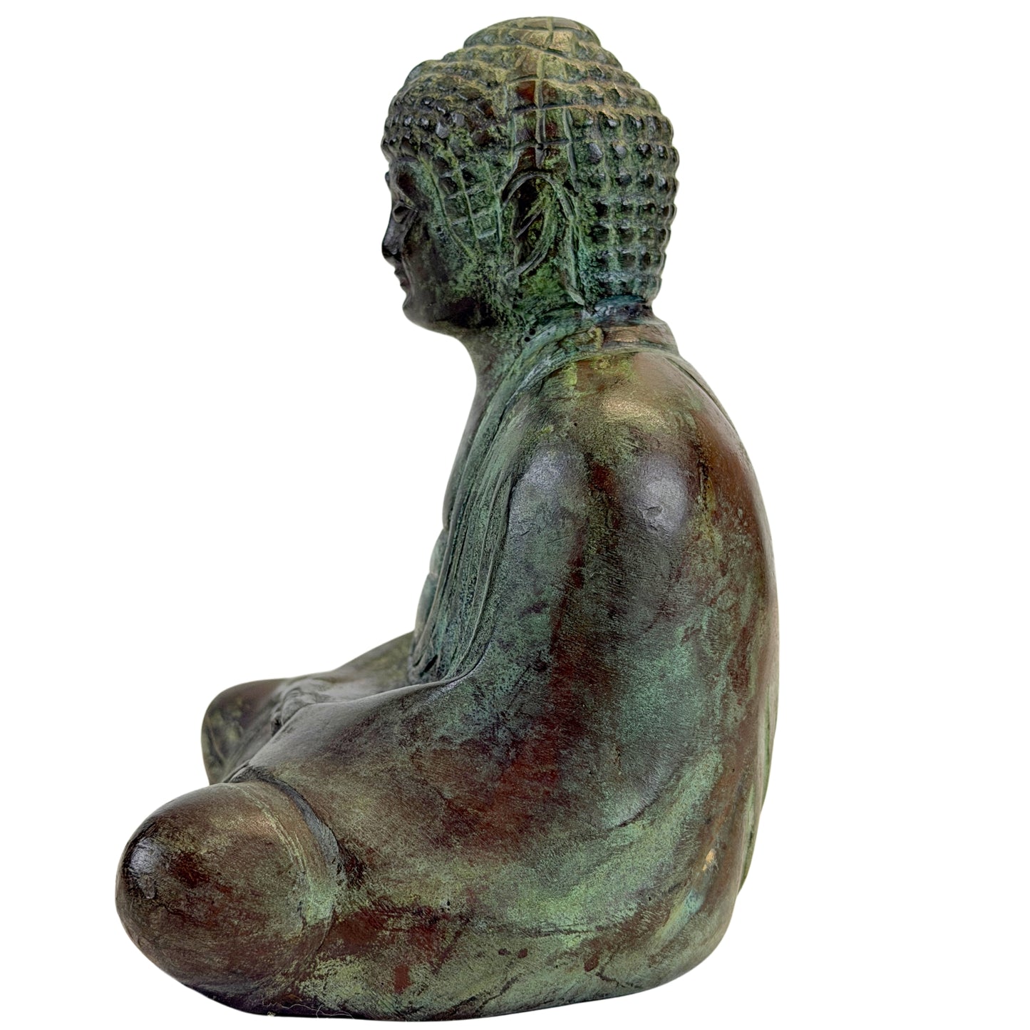 Linkerprofiel van de zittende bronzen Boeddha met geoxideerd oppervlak