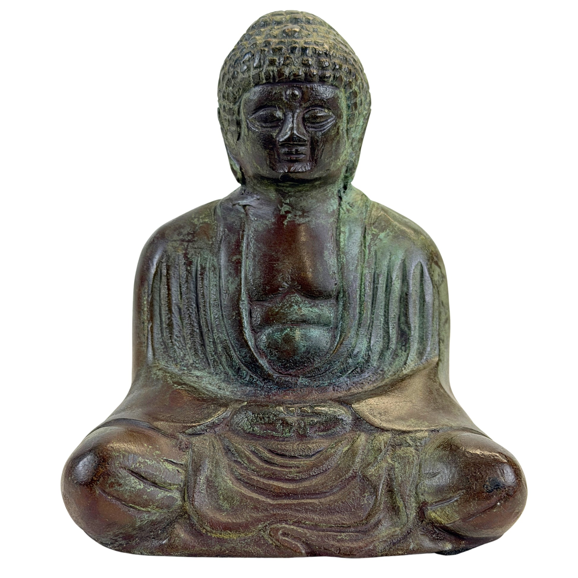 Vooraanzicht van een Japanse bronzen Boeddha uit het begin van de 20e eeuw in Dhyana Mudra
