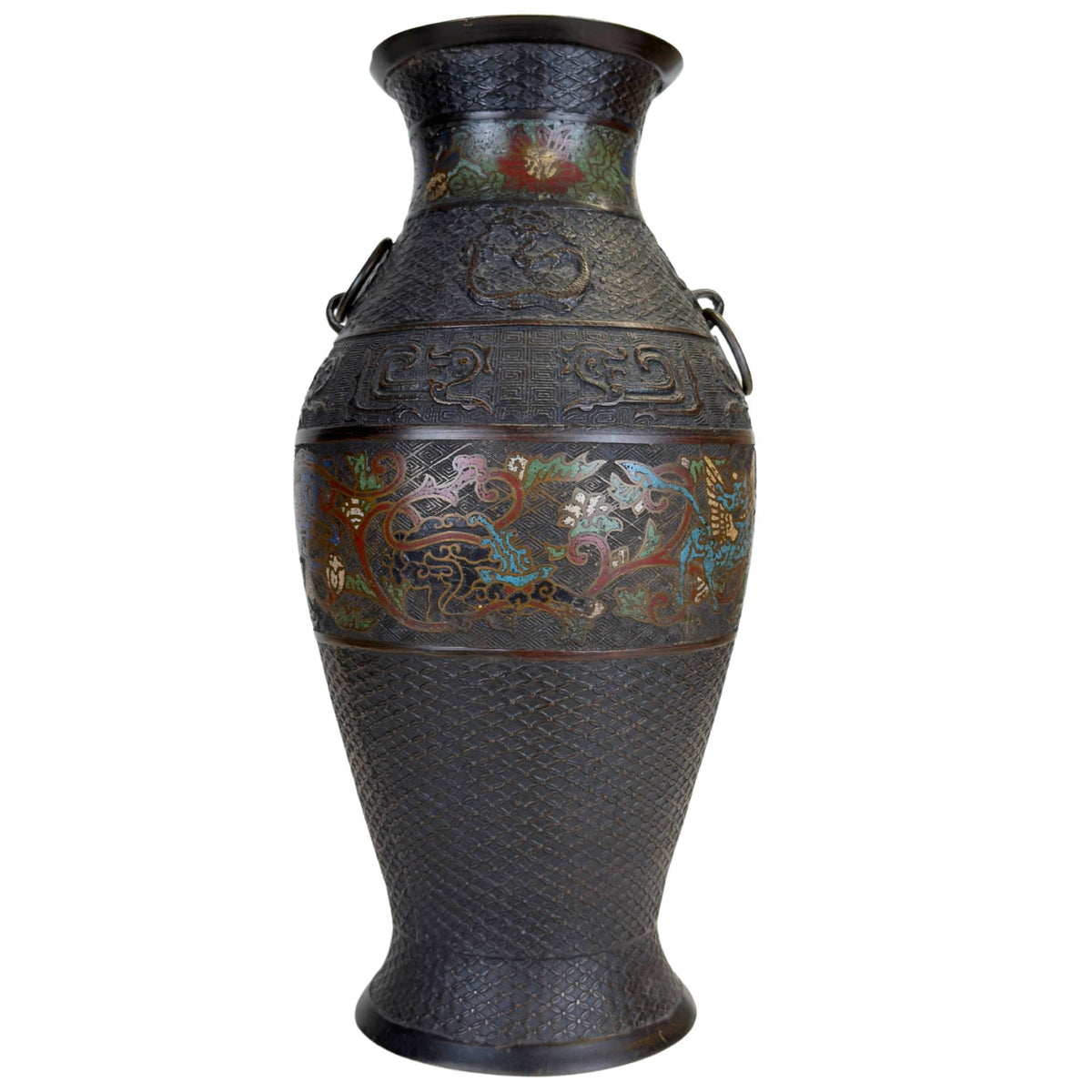 Grote Japanse bronzen champlevé vaas met kleurrijke fabeldieren, donker gepatineerd brons en decoratieve emailleband
