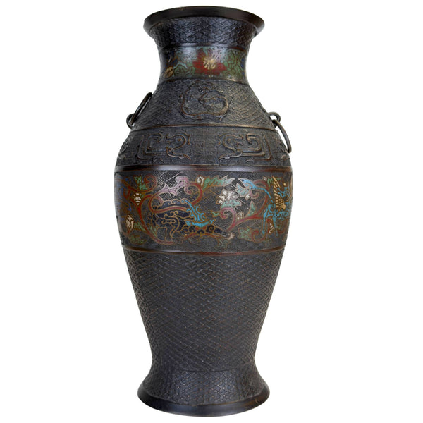 Grote Japanse Bronzen Champlevé Vaas met Fabeldieren en Ringoren – 43 cm