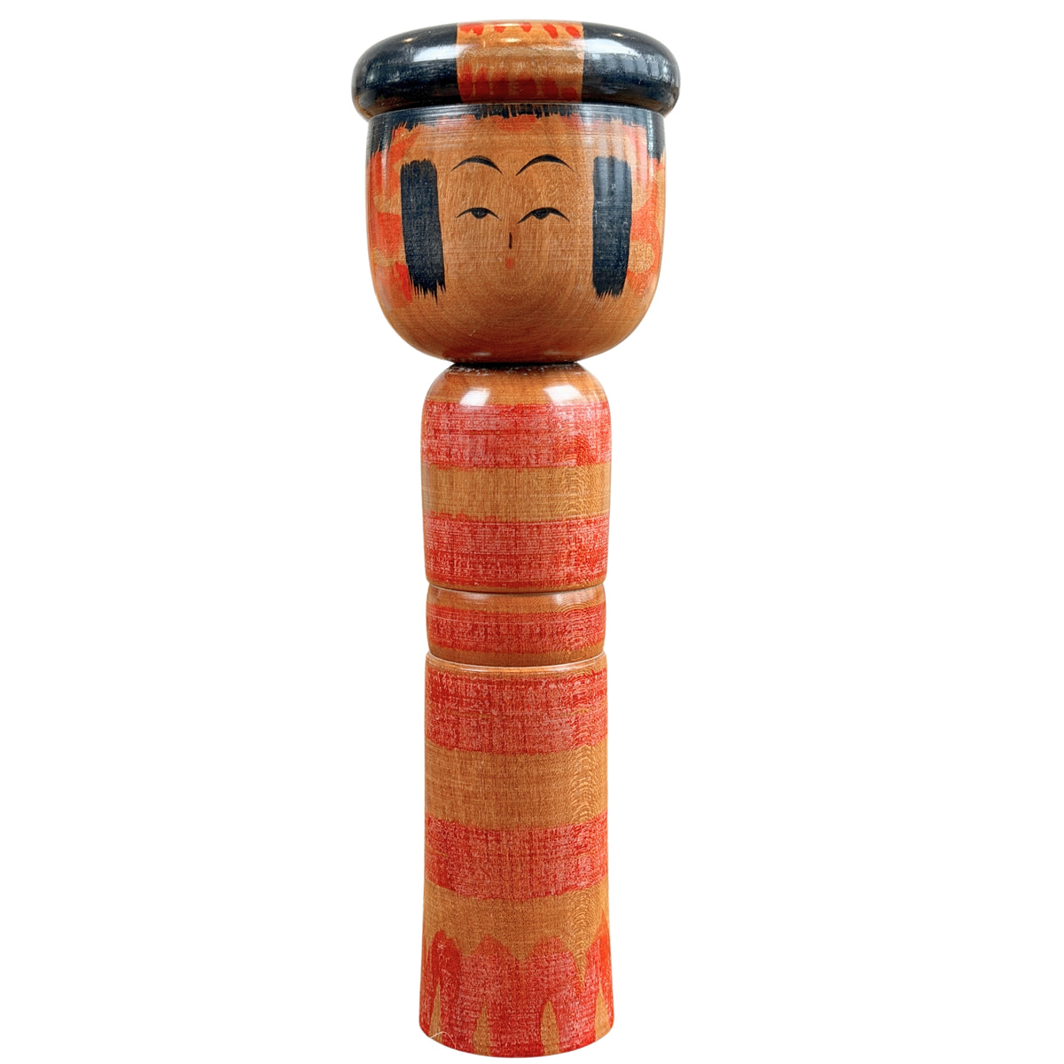 Traditionele Japanse kokeshi met zwart haar en rode strepen, vooraanzicht