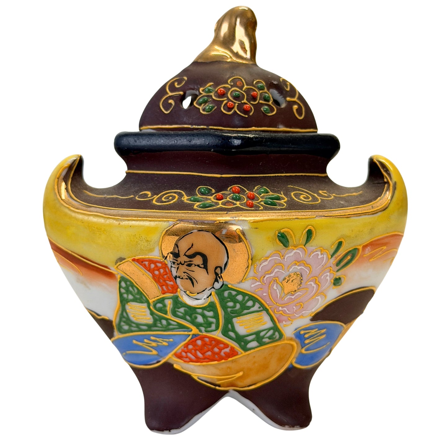 Japanse Satsuma-stijl koro met zittende figuur, bloemendecor en bruin-geel kleurpalet