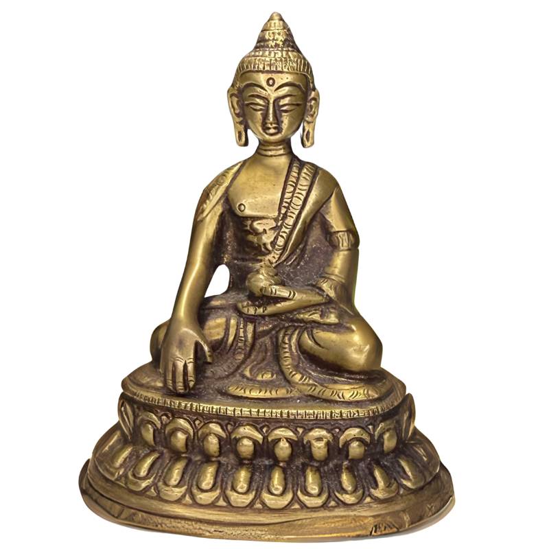 Voorzijde van een kleine messing Shakyamuni Boeddha uit Nepal